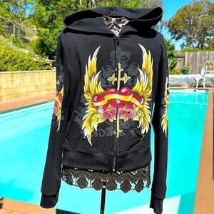 Kid’s Aurora Unisex Black Long Sleeve Hoodie Size L. With Heart and Wings Motif